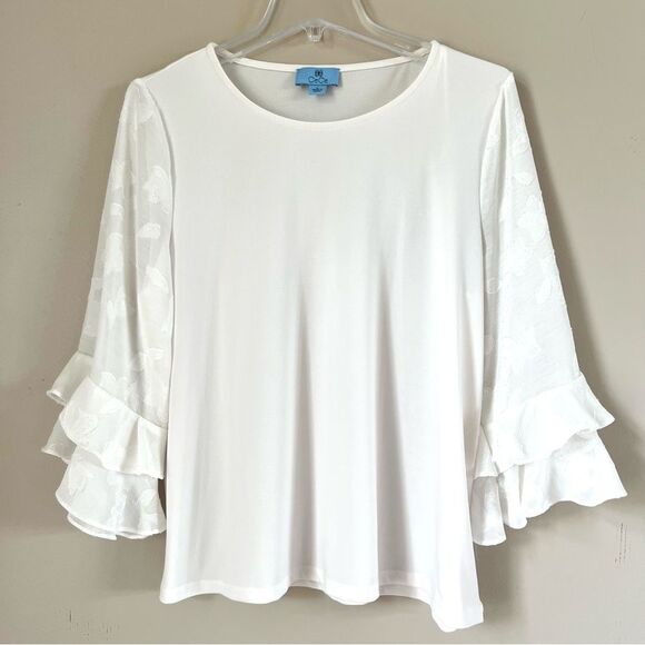 CeCe Dove White Tiered Ruffle Floral Appliqué Bell Sleeve Boho Blouse SZ L - Picture 2 of 10